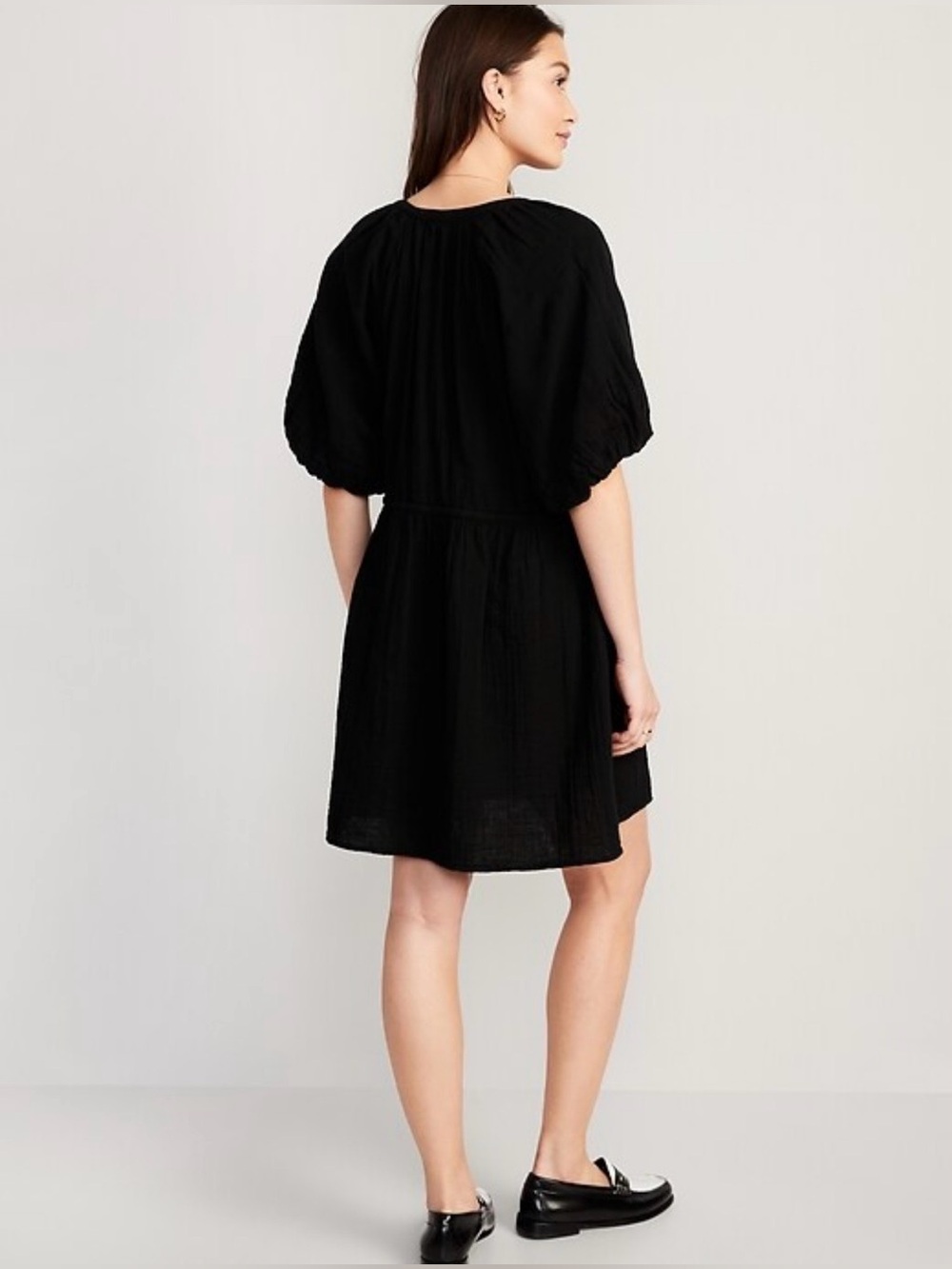 Old Navy Black Waist-Defined Puff-Sleeve Mini Summer Dress Large Textured Cotton - Picture 3 of 10